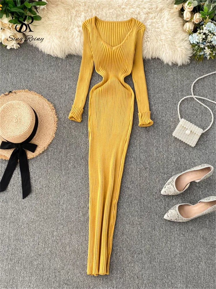 SINGRAIN Women Autumn Knitted Dress V Neck Sexy Slim Elastic Oversized Basic Bodycon Long Dress Winter knit Warm Sweater Dresses Yellow One Size