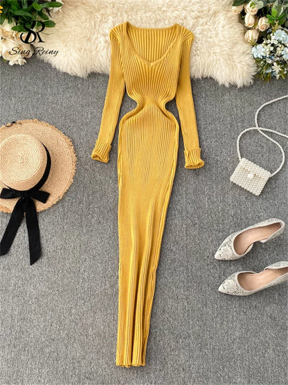 SINGRAIN Women Autumn Knitted Dress V Neck Sexy Slim Elastic Oversized Basic Bodycon Long Dress Winter knit Warm Sweater Dresses Yellow One Size