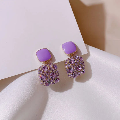 New Purple Crystal Pendants Women Dangle Earrings Korean Fashion Elegant Drop Earrings Square Statement boucles d'oreilles
