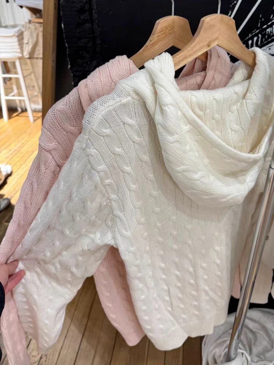 Twisted Flower Knitted Cardigan Sweater Women Autumn Long Sleeve Drawstring Hooded Zipper Streetwear Sweet Sweaters Coat Y2K Top