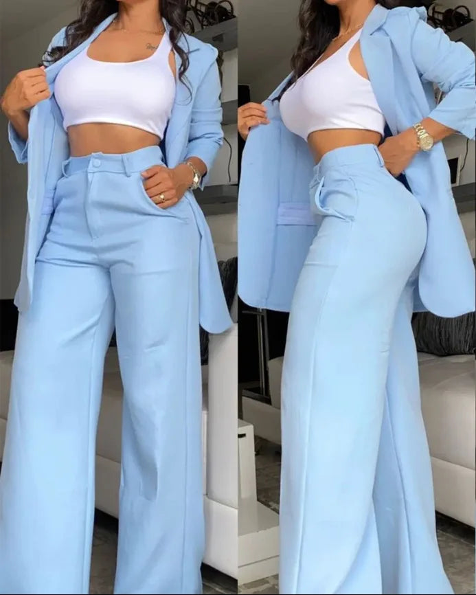Woman Elegant Blazer Sets New Autumn Fashion Women's Notched Collar Coat + Pocket Design Pants Set Work Commuting Two Piece Suit SKY BLUE