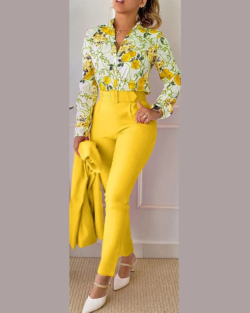 Autumn Winter Stand Neck Floral Print Long Sleeve Shirt Pants Two Piece Sets Elegant Women Casual Shirt Trousers Suits With Belt