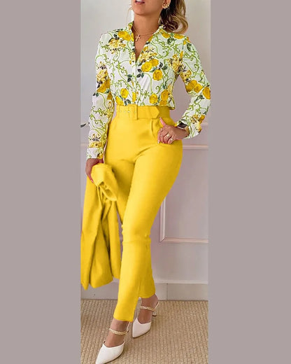 Autumn Winter Stand Neck Floral Print Long Sleeve Shirt Pants Two Piece Sets Elegant Women Casual Shirt Trousers Suits With Belt