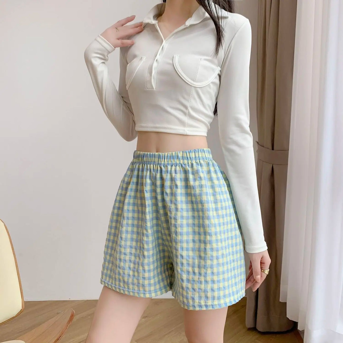 Summer Home Shorts Women's High Waisted Slimming Wide Leg Pants Sports Casual Pants Loose Plaid Pajama Pants blue grid