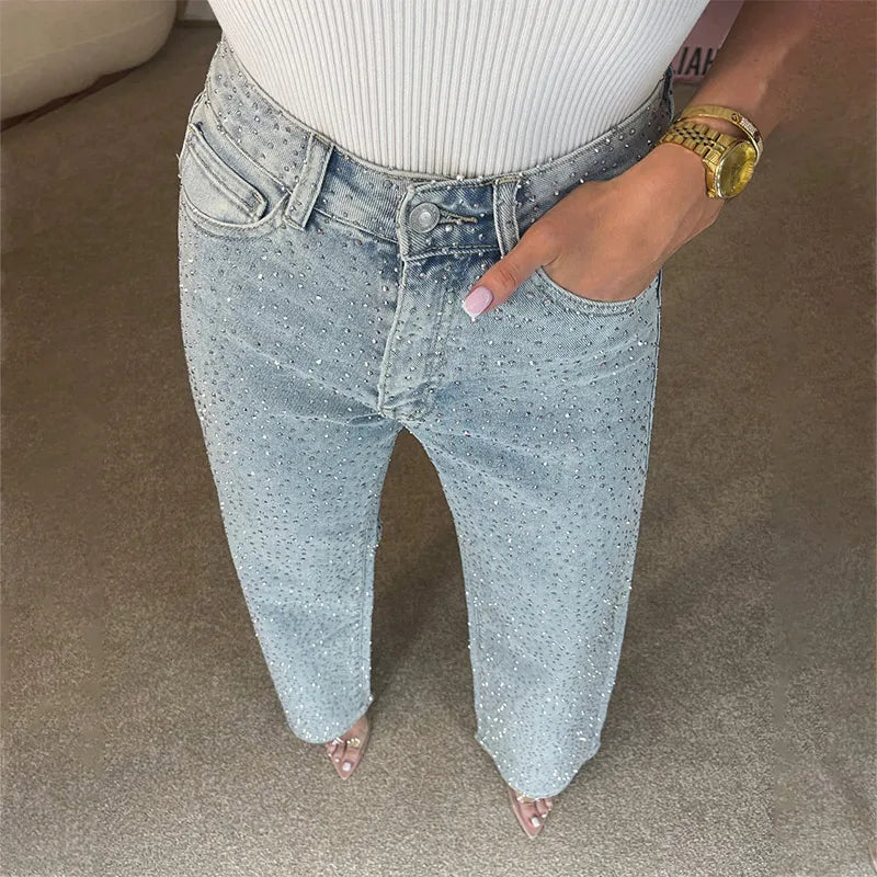 Y2k Women Shiny Rhinestone Denim Pants Wide Leg Straight Full Diamond Jeans for Female Dragging High Street Outwear Trousers