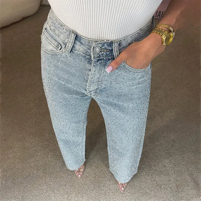 Y2k Women Shiny Rhinestone Denim Pants Wide Leg Straight Full Diamond Jeans for Female Dragging High Street Outwear Trousers