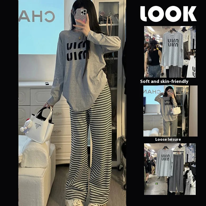 Spring and Autumn New Ladies Ins Style Pajamas Homewear Set Cartoon Girl Long-Sleeved Long Pants Korean Pajamas Homewear Set 1243