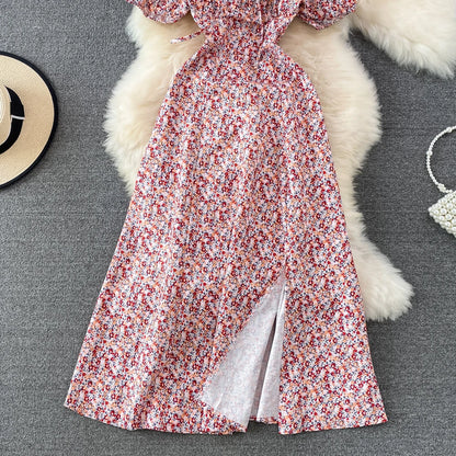 Summer Vintage Dress Blue Floral Summer Bubble Sleeve Tie Up Sexy Dresses Women A-line Print Split Long Dress Elegant Vestidos