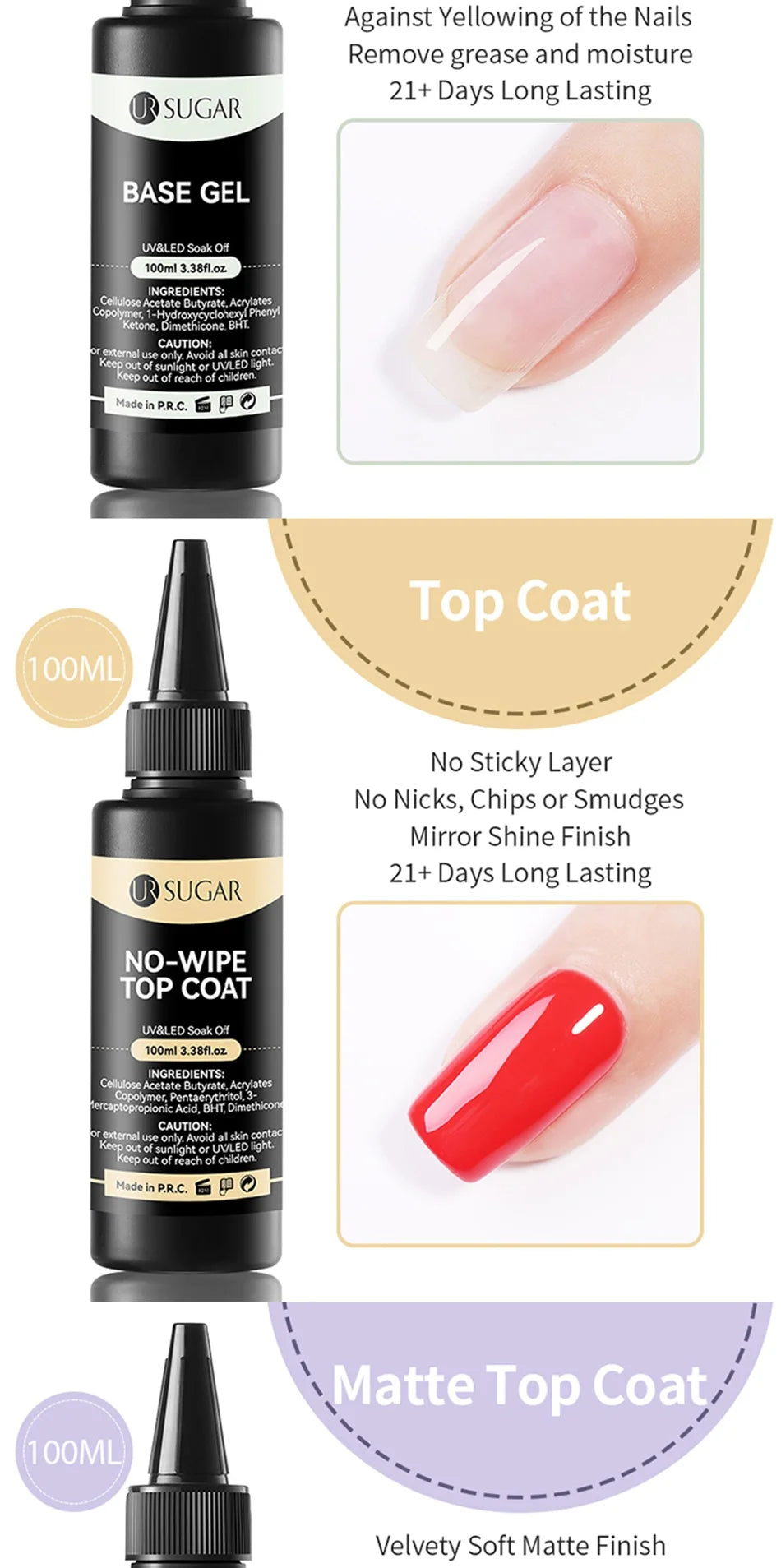 UR SUGAR 100ml Reinforcement Gel Nail Prep Dehydrator Nail Art Soak Off UV LED Base Gel No Wipe Top Coat Varnish Manicure