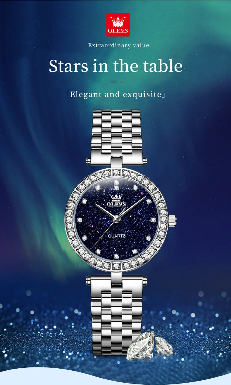 OLEVS 3641 Women Watch Elegant Quartz Watch Starry Dial Waterproof Luminous Diamond Bezel Ladies Watch Bracelet Set Ladies' Gift