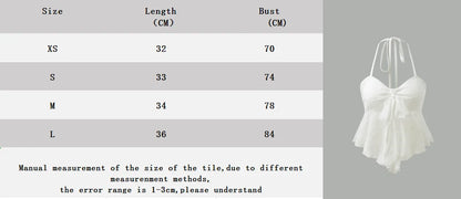 Women's Fashion Ruffle Irregular Hem Mesh Flower Flocking Sexy Front Chest Bow Tie Halter Neck Suspender Top