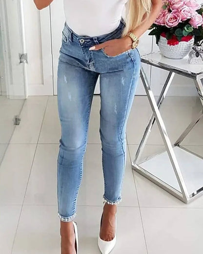 Fashion Skinny Jeans Female Summer Casual Pants Trousers Ladies Vintage High Waisted Jeans Women Bleached Women's Pencil Pants C