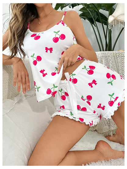 Summer New Women's Pajama Set Breathable Soft Casual Print Cami Top and Ruffle Shorts Sweet Home Strap Shorts Pajamas ﻿