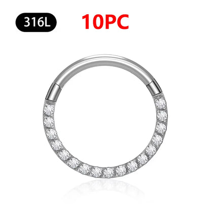 1/10Pc Stainless Steel Nose Ring CZ 16G Hinged Septum Clicker Segment Ear Tragus Cartilage Daith Lip Nose Body Piercing Jewelry 10Pc Silver Zircon 1