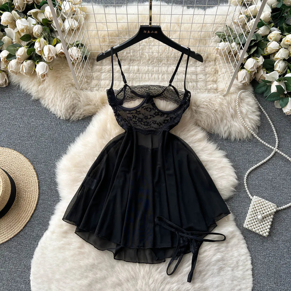 SINGREINY Transparent Lace Sexy Nightwear Sleeveless Slim Backless Short Dress Women Strap Floral Mesh Sheer Erotic Nightdress