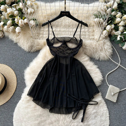 SINGREINY Transparent Lace Sexy Nightwear Sleeveless Slim Backless Short Dress Women Strap Floral Mesh Sheer Erotic Nightdress