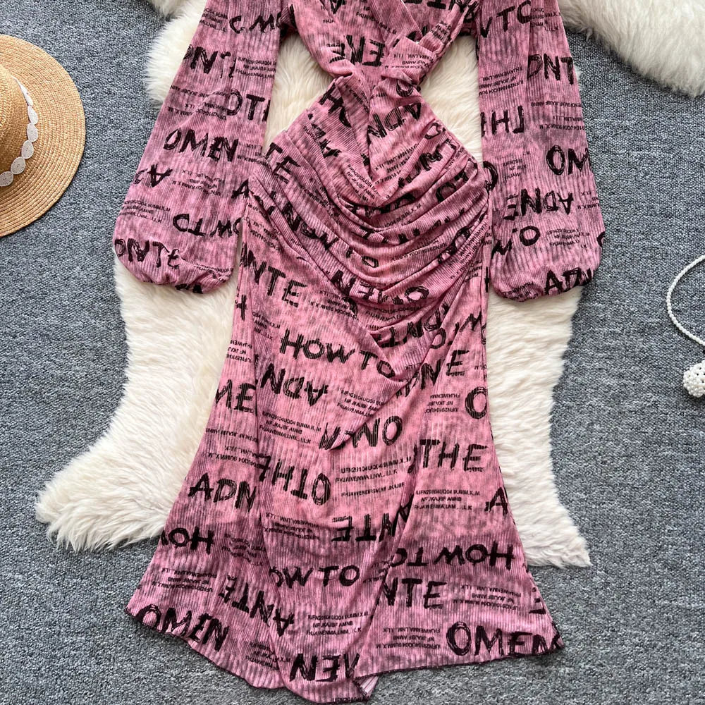 Chic vintage long sleeve Criss-Cross print pleated Elegant Fairy korean fashion dress women clothing Long dress