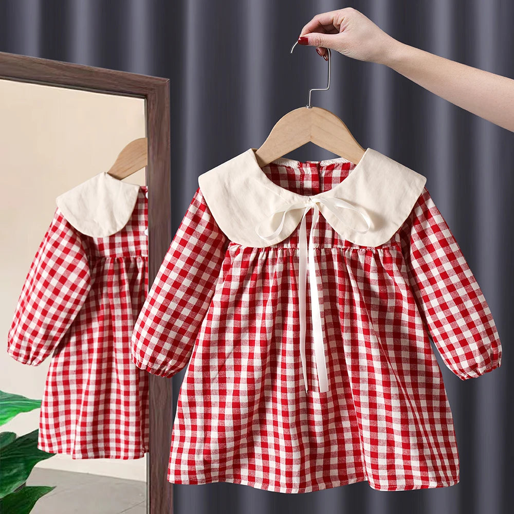 Spring Autumn toddler kids Girls' Clothes baby lattice Long sleeved Dresses costume for children Girls clothing Outfits dress red CHINA