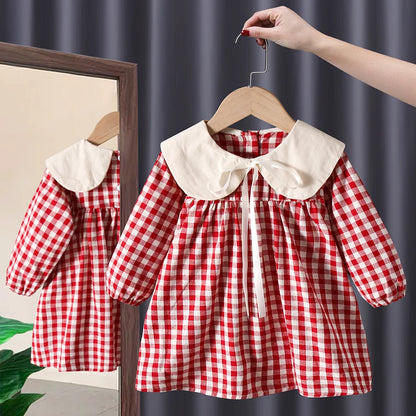 Spring Autumn toddler kids Girls' Clothes baby lattice Long sleeved Dresses costume for children Girls clothing Outfits dress red CHINA
