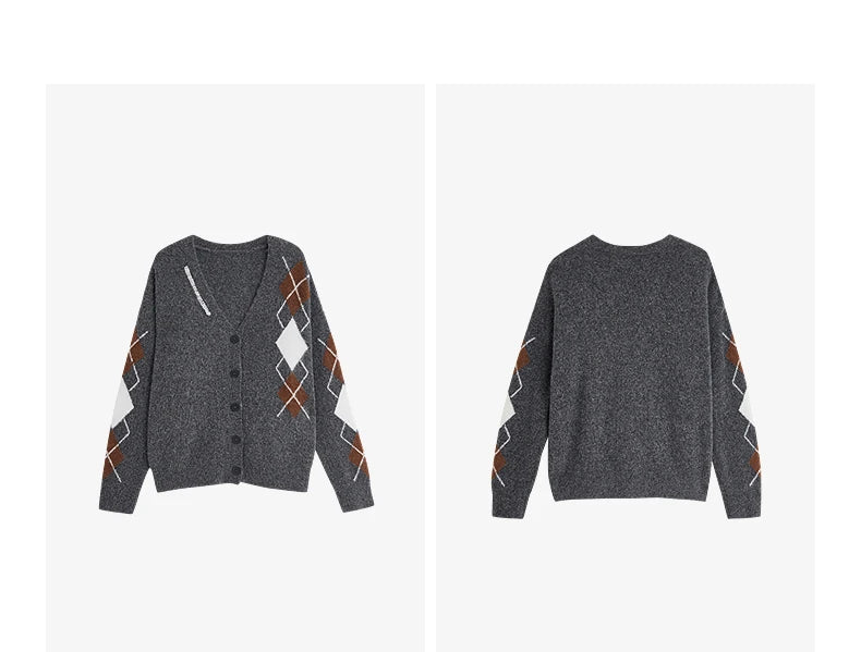 TOYOUTH Women Knitted Sweater 2025 Autumn New Grid Pattern V Neck Single Breasted Button Knitted Cardigan Coat Gray