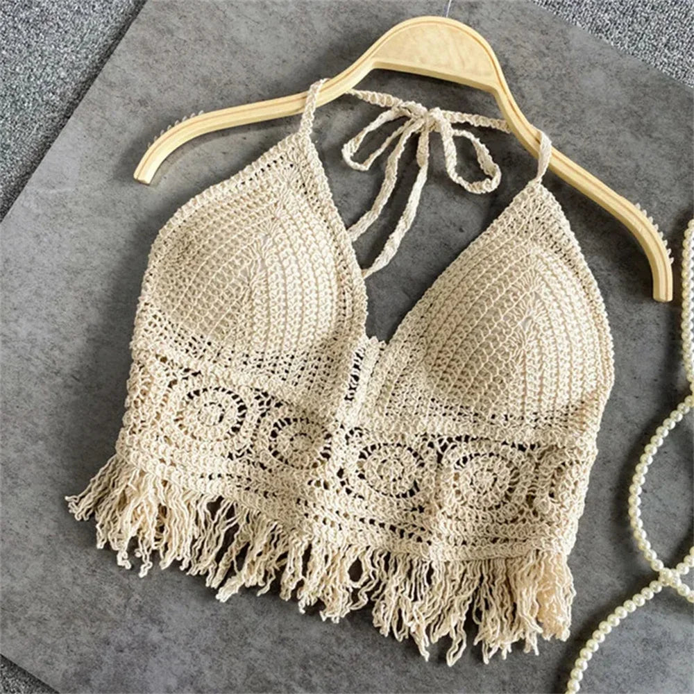 Sexy Boho Beach Holiday Camisole Halter Women Crochet Knit Swimsuit Bra Backless Vest Hollow Tassel Tank Top Women's Crop Tops Apricot One Size