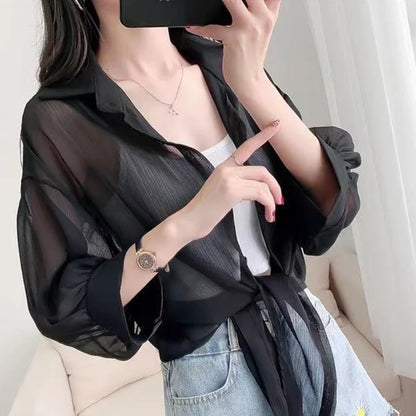 2023 Summer Half Sleeve Buttoned Up Shirt Loose Casual Blouse Chiffon Shirts Women Tied Waist Elegant Blouses for Women 9776