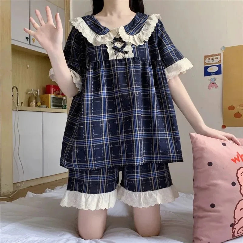 Spring and Autumn New Women's Pajamas Homewear Suit Female Court Style Doll Collar Japanese Girl Plaid Autumn and Winter Homewea 604