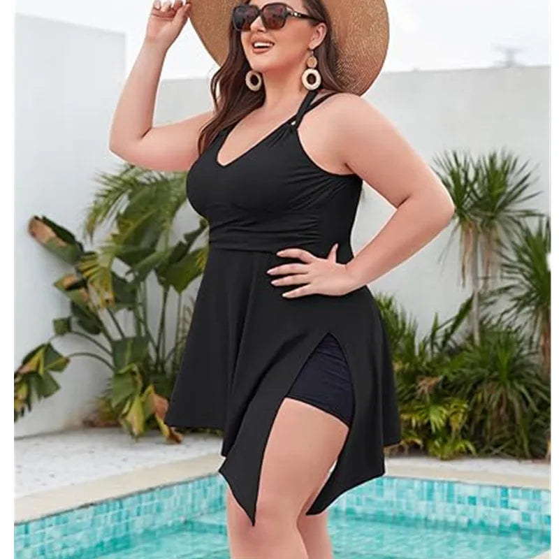 Women Plus Size Swimwear Two Piece Black Tankini Swimdress V Neck Halter Floral Asymmetrical Hem Skirted Swimsuits with Boyshort