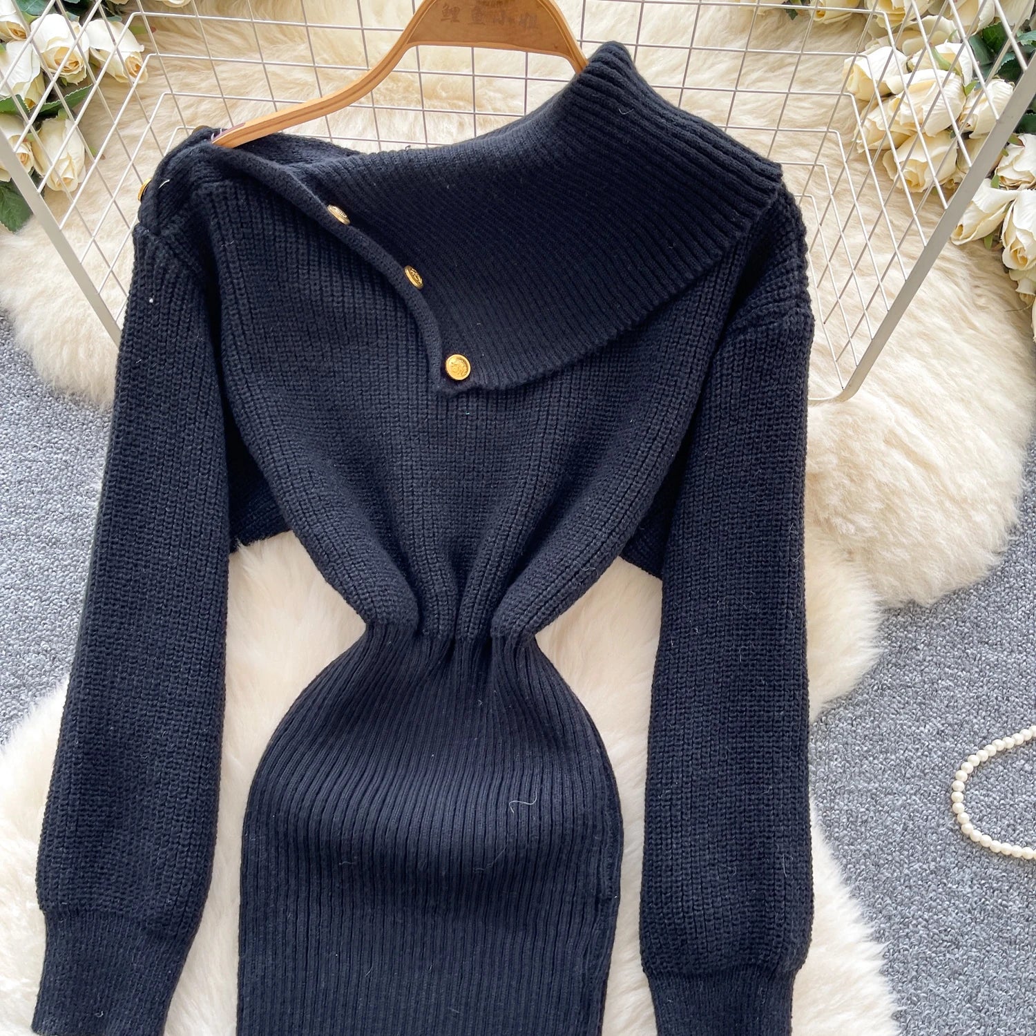 SINGREINY Autumn Knitwear Bodycon Dress Diagonal Collar High Elastic Slim Fit Design Female Light Luxury Solid Sweater Dress