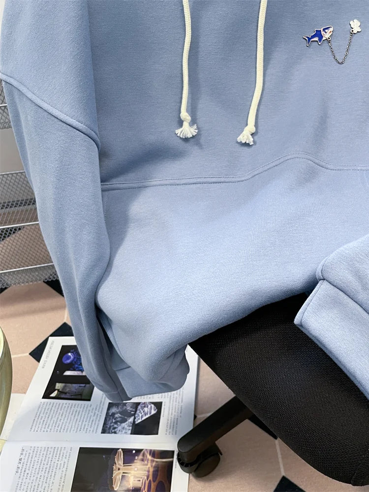 Hikigawa Chic Fashion Women Shark Hooded Sweatshirts Outerwear Autumn New Vintage Casual All Match Hoodies Coats Tosp Mujer