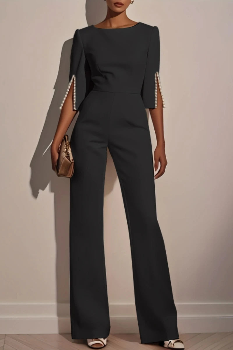 Women's Jumpsuit Casual Solid Color 3/4 Length Sleeve Straight Round Neck Beaded High Waist Daily Going out Regular Fit Black Wh Badiee Stylez