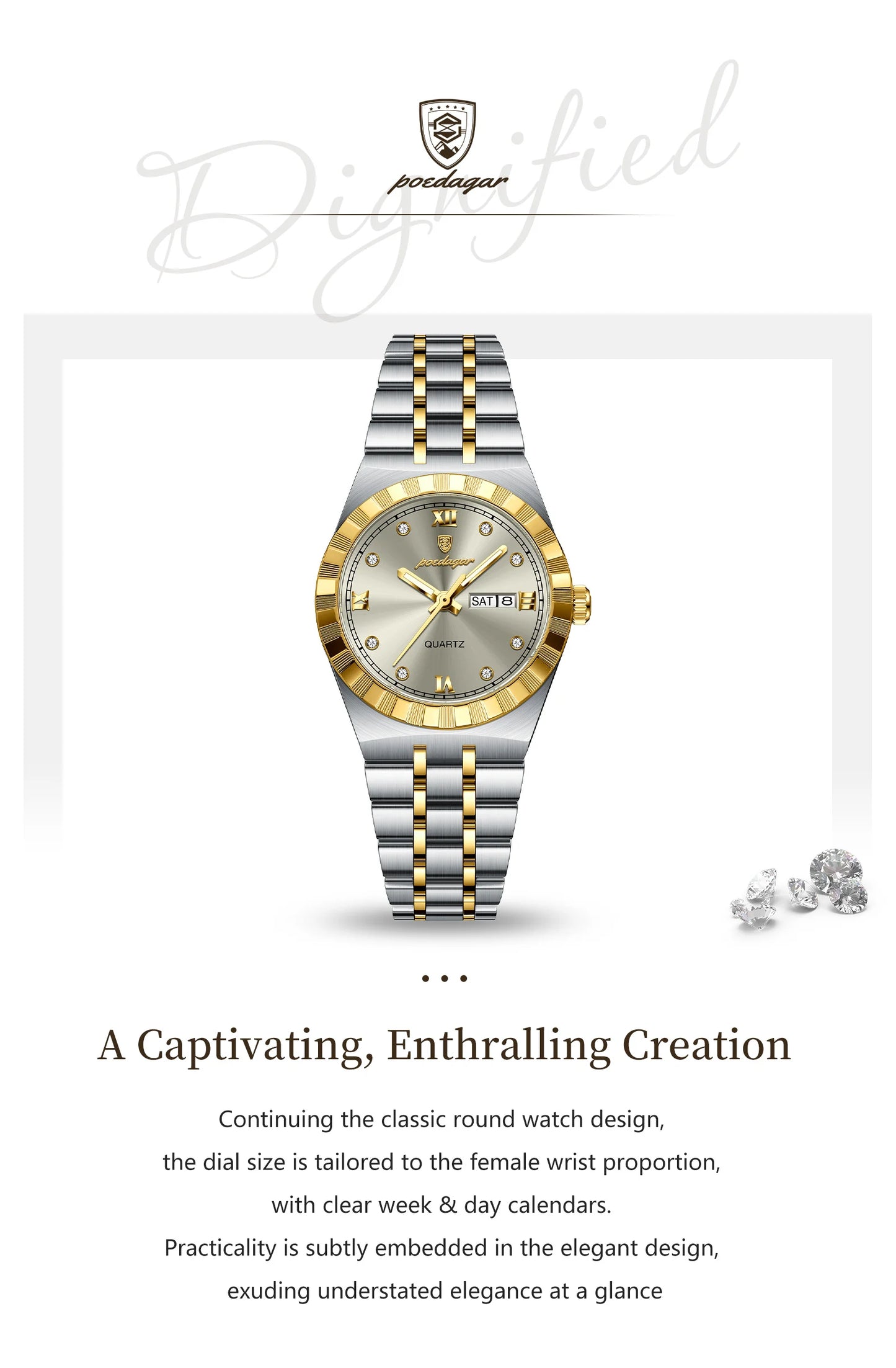 POEDAGAR Luxury Original Ladies Watch Luminous Waterproof Week Date Woman Wristwatch Stainless Steel Women Quartz Watches Female