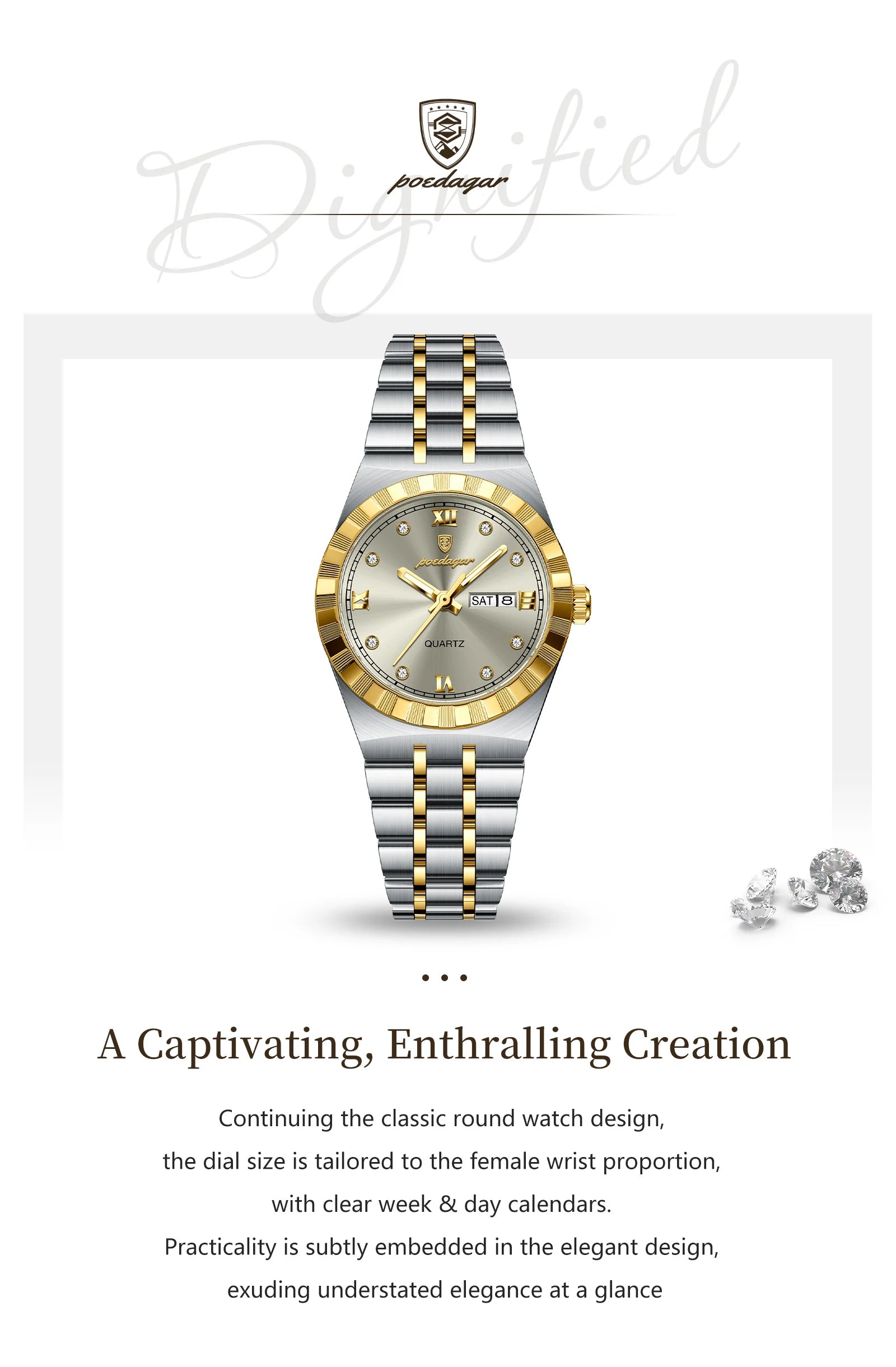 POEDAGAR Luxury Original Ladies Watch Luminous Waterproof Week Date Woman Wristwatch Stainless Steel Women Quartz Watches Female