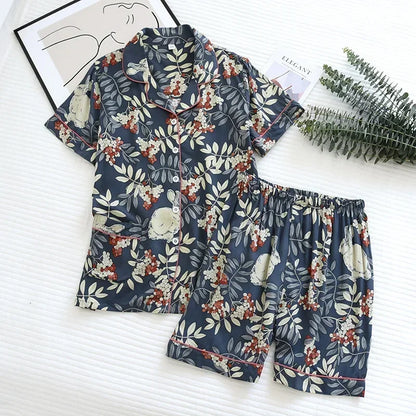 Spring and autumn ladies cute cartoon floral viscose fiber pajamas two-piece long-sleeved home service cotton summer thin shorts 04