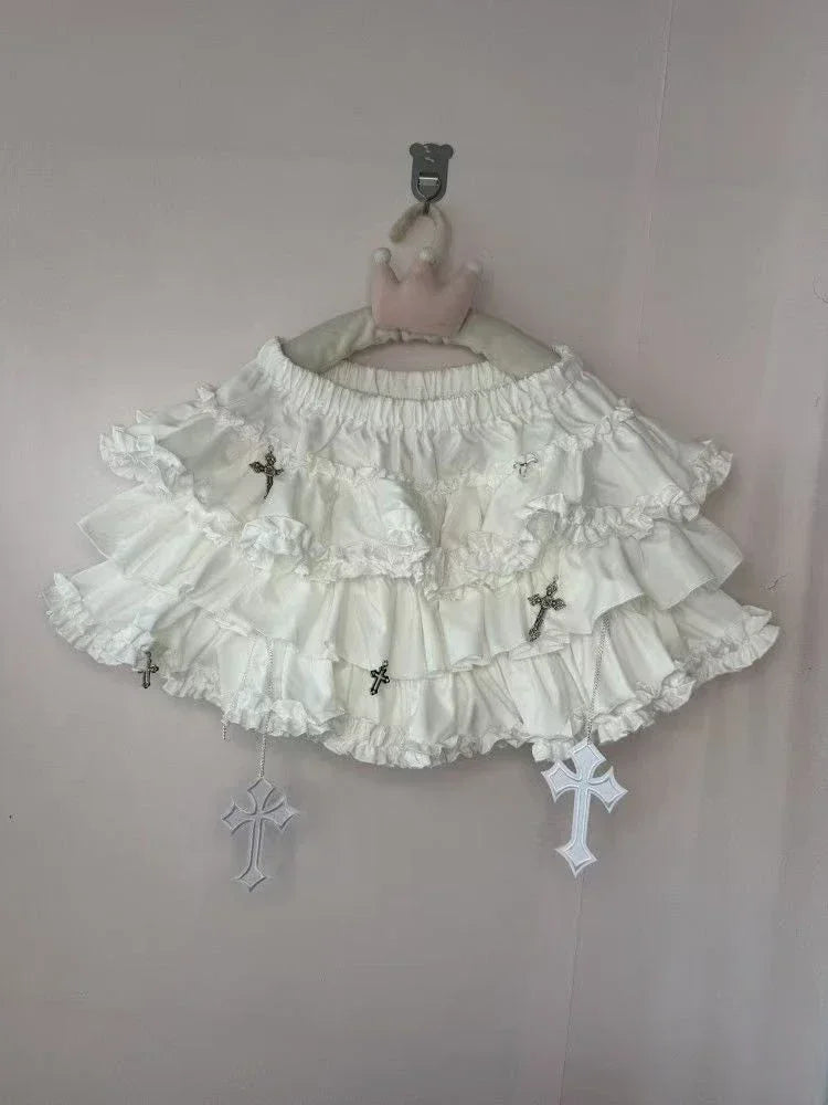 Gothic Y2k Elastic Waist Harajuku Y2k Short Skirt Women Hot Chick Chic Ruffle Subculture Skirts Design Retro Cake Skirt Lolita 139 Beige