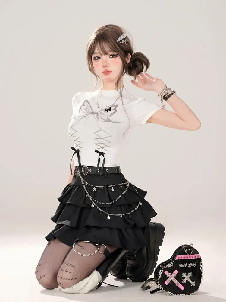 Women Black Gothic A-line Cake Skirt Vintage Y2k Skirt Aesthetic Harajuku Korean Elegant Kawaii Emo Skirts 2000s Trashy Clothes