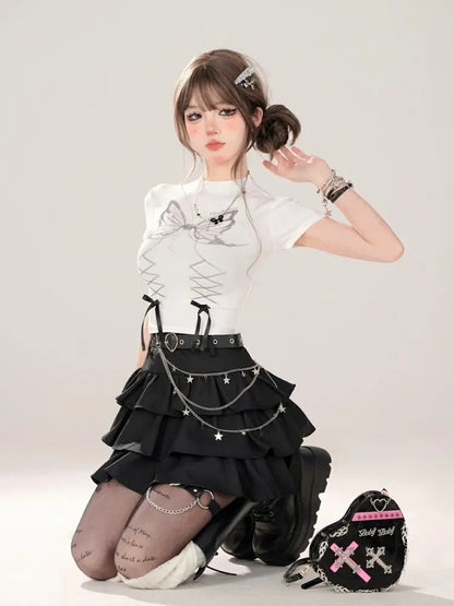 Women Black Gothic A-line Cake Skirt Vintage Y2k Skirt Aesthetic Harajuku Korean Elegant Kawaii Emo Skirts 2000s Trashy Clothes