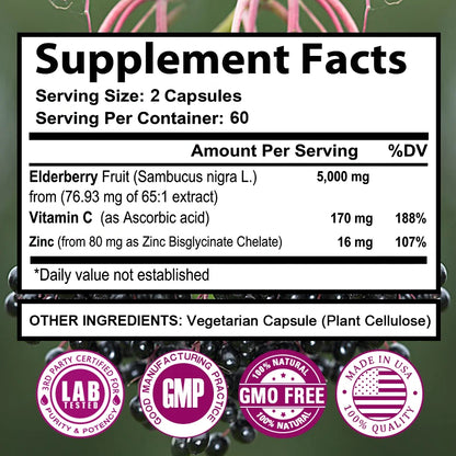 Elderberry - 5000 mg Per Serving, Vitamin C & Zinc, ImmunoBooster for Immune Support, Skin Health, 120 Veggie Capsules