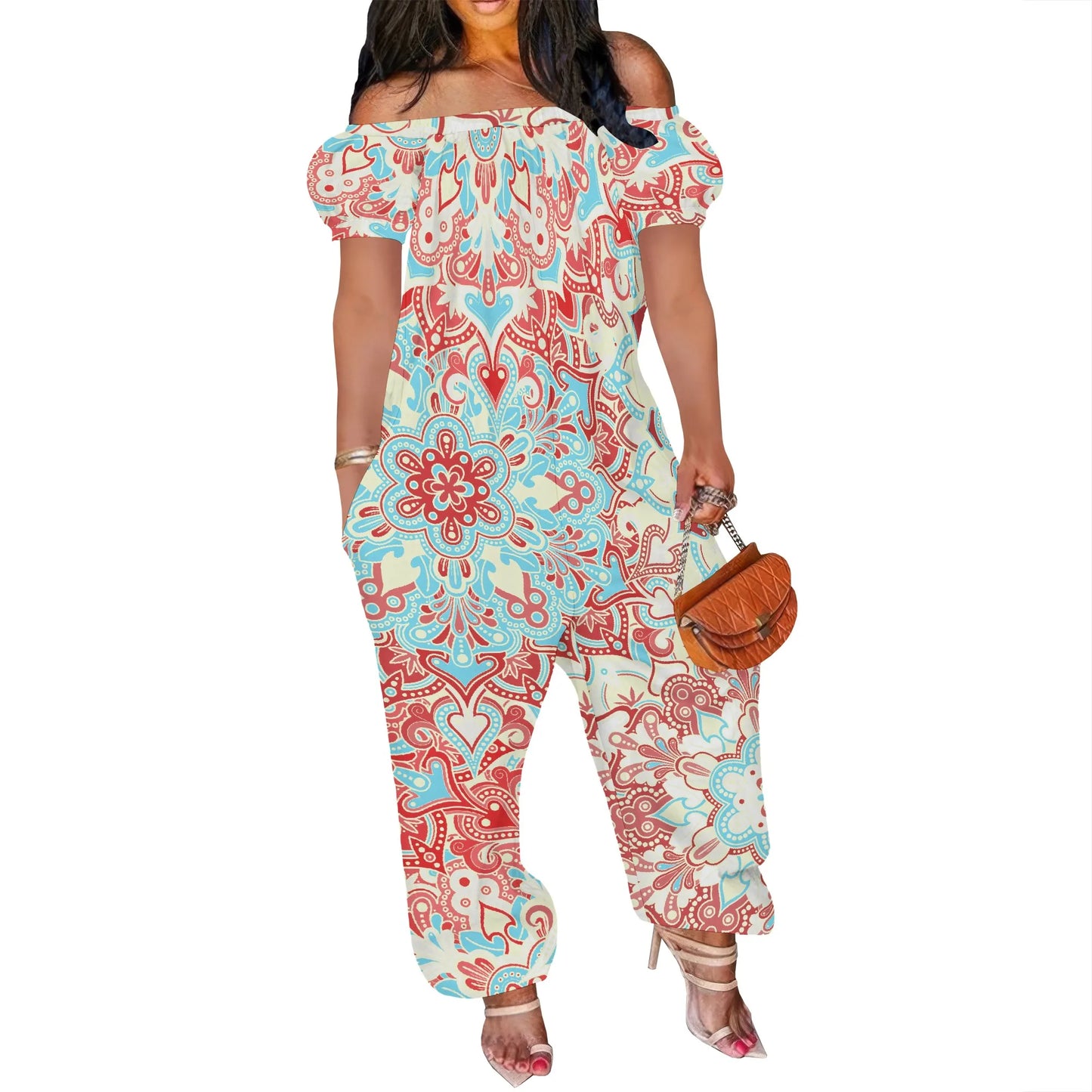 Women Plus Size One Piece Outfits Leopard Print Off Shoulder Short Sleeve Loose Long Pants Jumpsuits Badiee Stylez