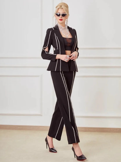 Designer Women Diamonds Hollow Out High Waist Slim Fit Blazers Top Straight Pants Two Piece Set Party Office Ladies Suits Set Badiee Stylez