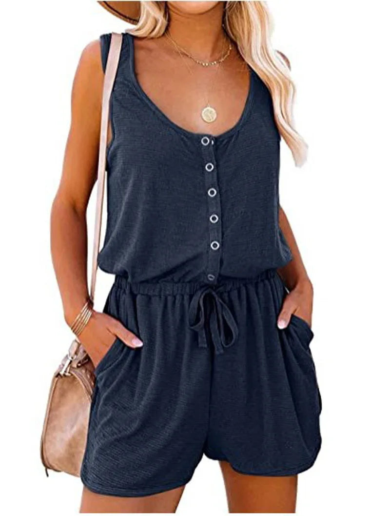 European and American Women's Summer Cross-Border New Sleeveless Jumpsuit With Waist Tied Casual Loose Wide leg Shorts Badiee Stylez