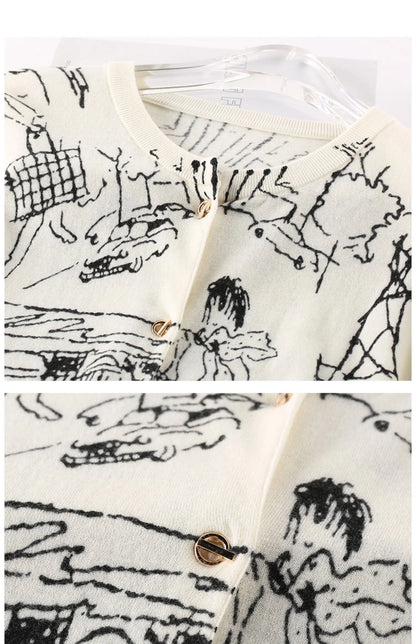 Graffiti Digital Jacquard Fine Imitation Fashion Wool Knitted Cardigan Women's 22 Spring Autumn Thin Loose Jacket Trendy Sweater