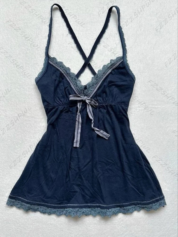 Solid color lace stitching suspenders bow decoration casual Y2K crop top rock retro aesthetics slim fit versatile punk women top DEEP BLUE