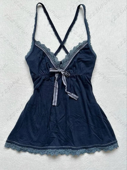 Solid color lace stitching suspenders bow decoration casual Y2K crop top rock retro aesthetics slim fit versatile punk women top DEEP BLUE