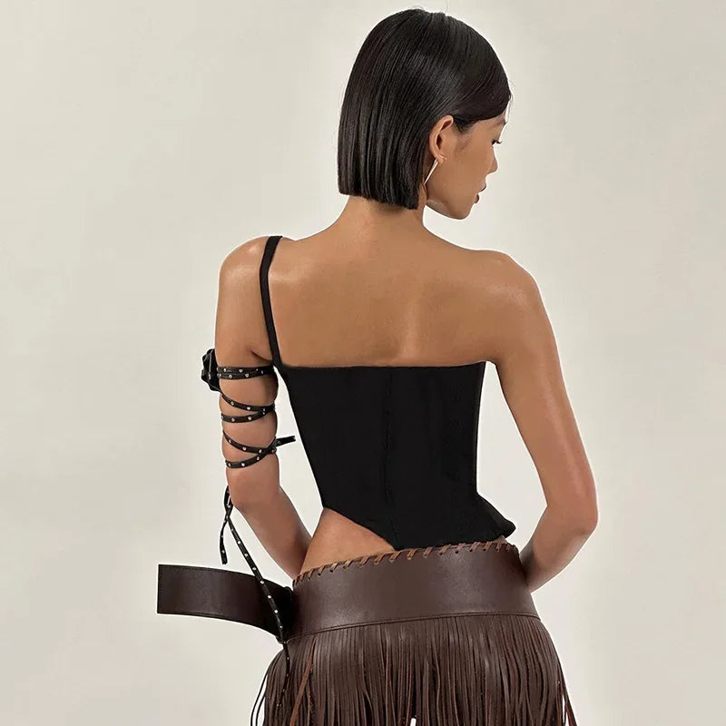 PixieKiki Sexy Black Busiter Corset Tops Club Wear Asymmetrical One Shoulder Backless Crop Top Women's Clothing 2024 C85-DD20