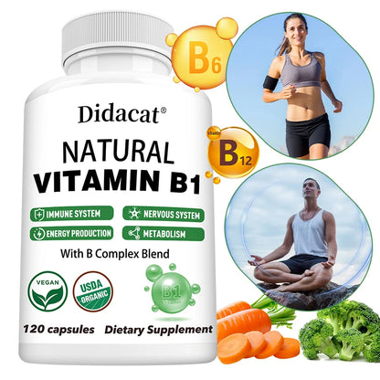 Natural Vitamin B1 - B Complex Blend, Nervous System, Immune System, Energy and Metabolic Health, Vegetarian Capsules