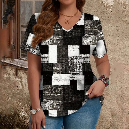 Checkered 3D Pattern Printed Women's V-Neck Short Sleeve Striped Minimally Printed Woman ClothingTop Women's Loose Women's Shirt S56VTX4653