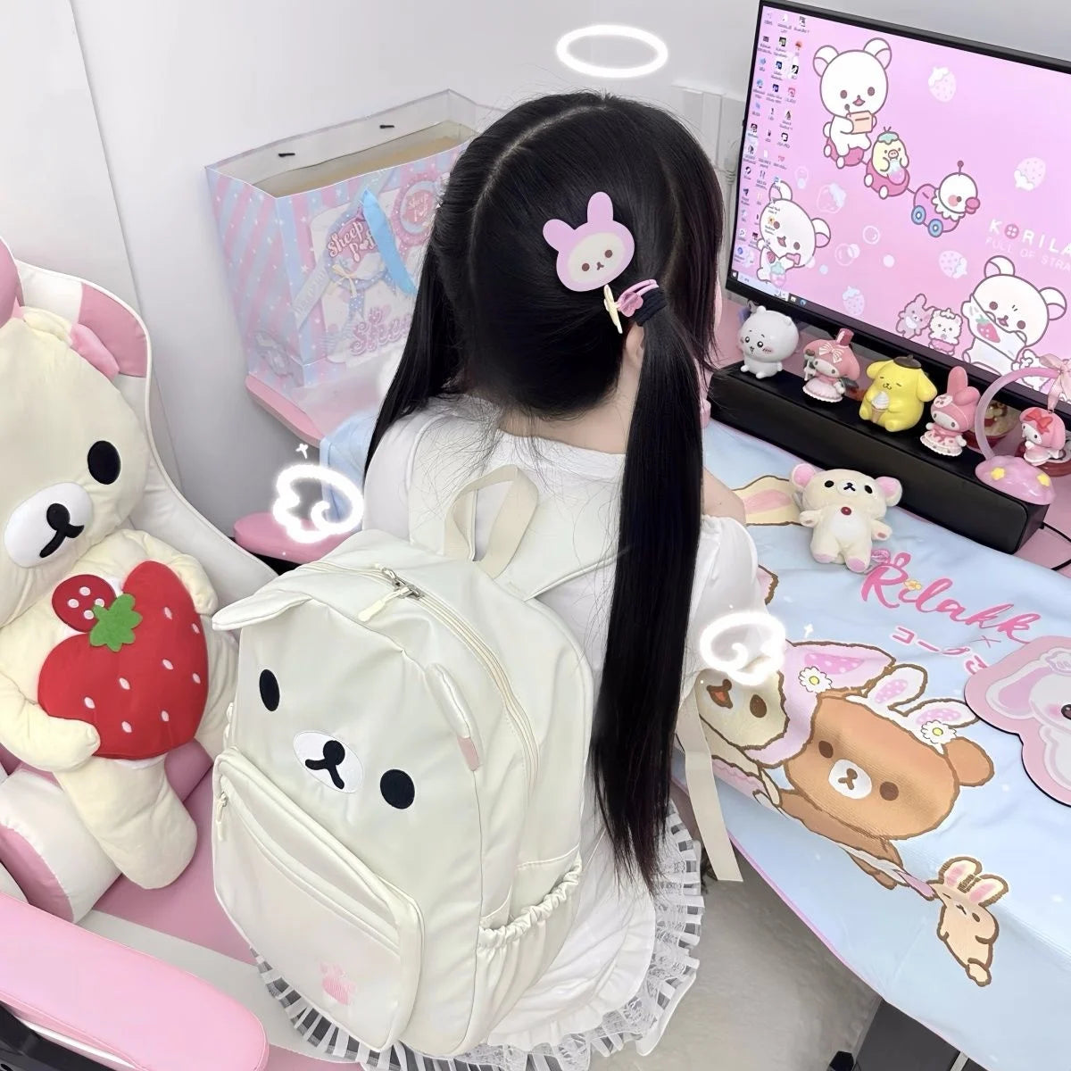Cute Rilakkuma Backpack Anime Cartoon Embroidery Backpack Stylish Large-Capacity Student School Bag Nylon Multifunctional Bags