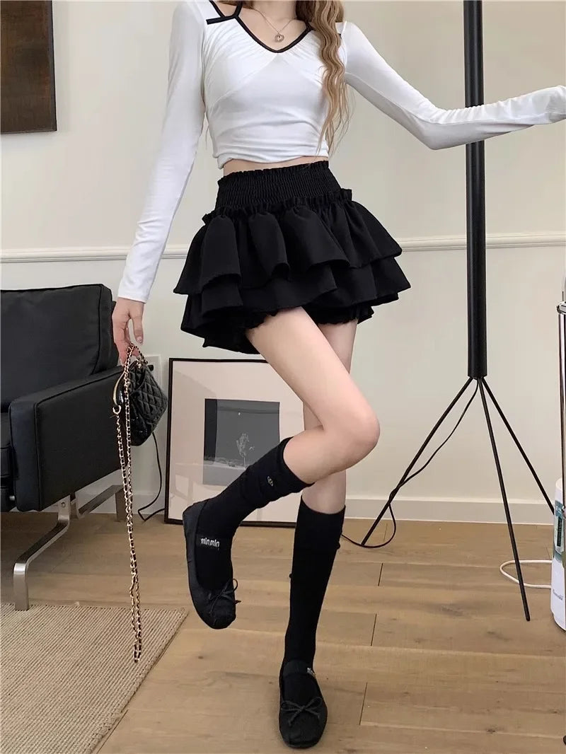 Mini Skirt Cute Sexy Balletcore Elastic High Waist Ball Gown Ruffle Patchwork Lolita Skirt Short Korean Sweet Y2K Women Clothing
