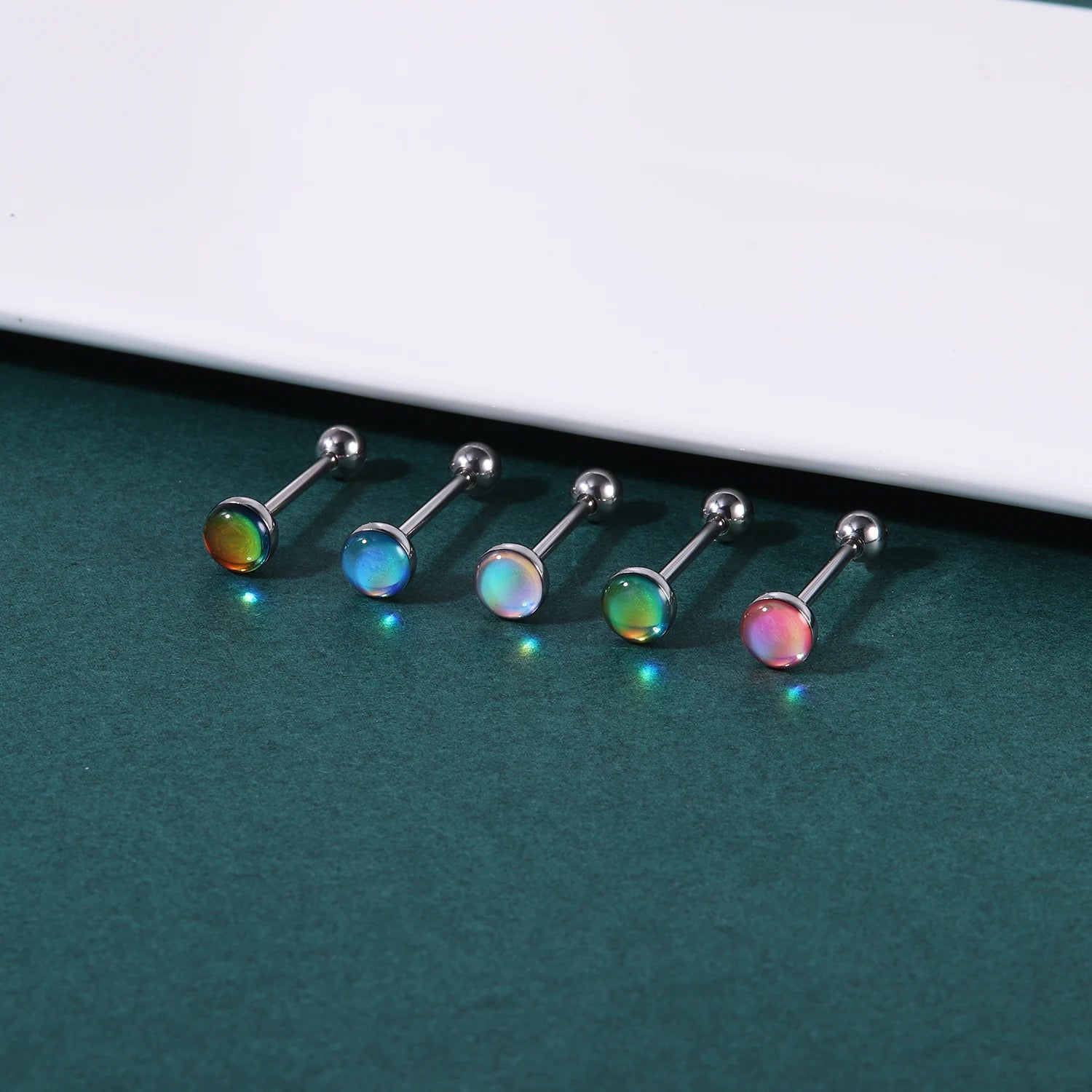 ZS 1Piece 14G Oil Luminescence Tongue Piercing Rings Stainless Steel Tongue Stud Skull Star Studs Earrings BCR Piercings Jewelry Badiee Stylez